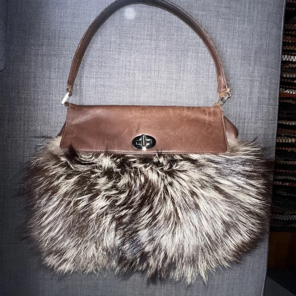Dolce & Gabbana Brown Leather and Natural Fur Shoulder Bag. Needs strap repair
